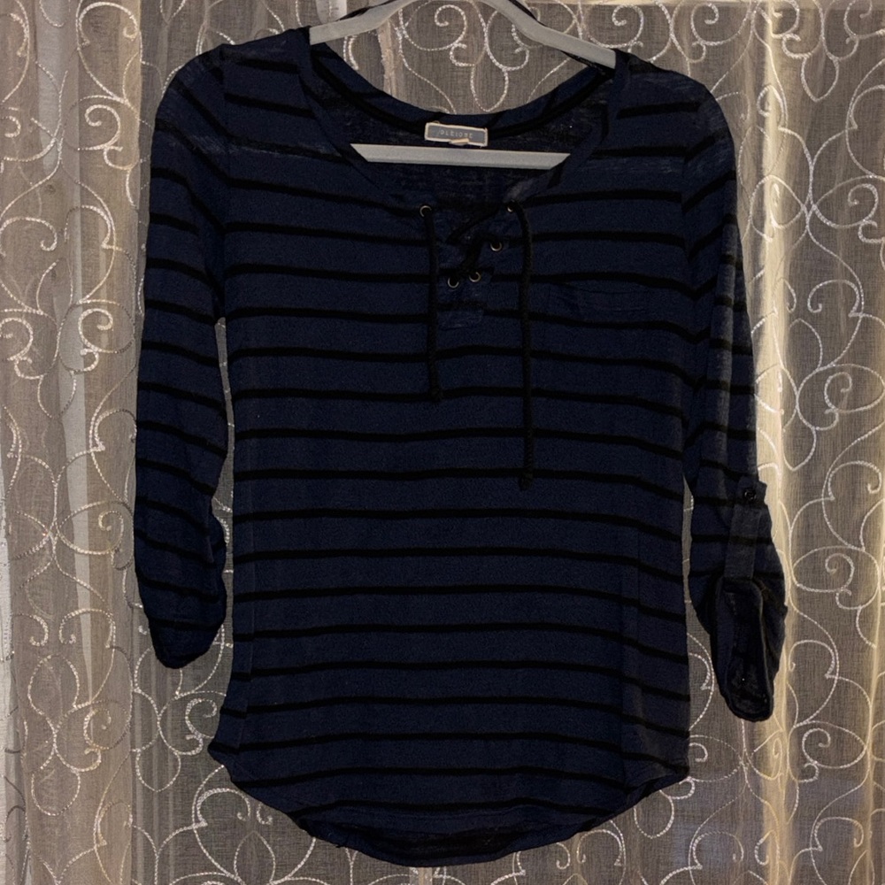 Pleione Navy and Black Striped Lace-Up Long Sleeve Top